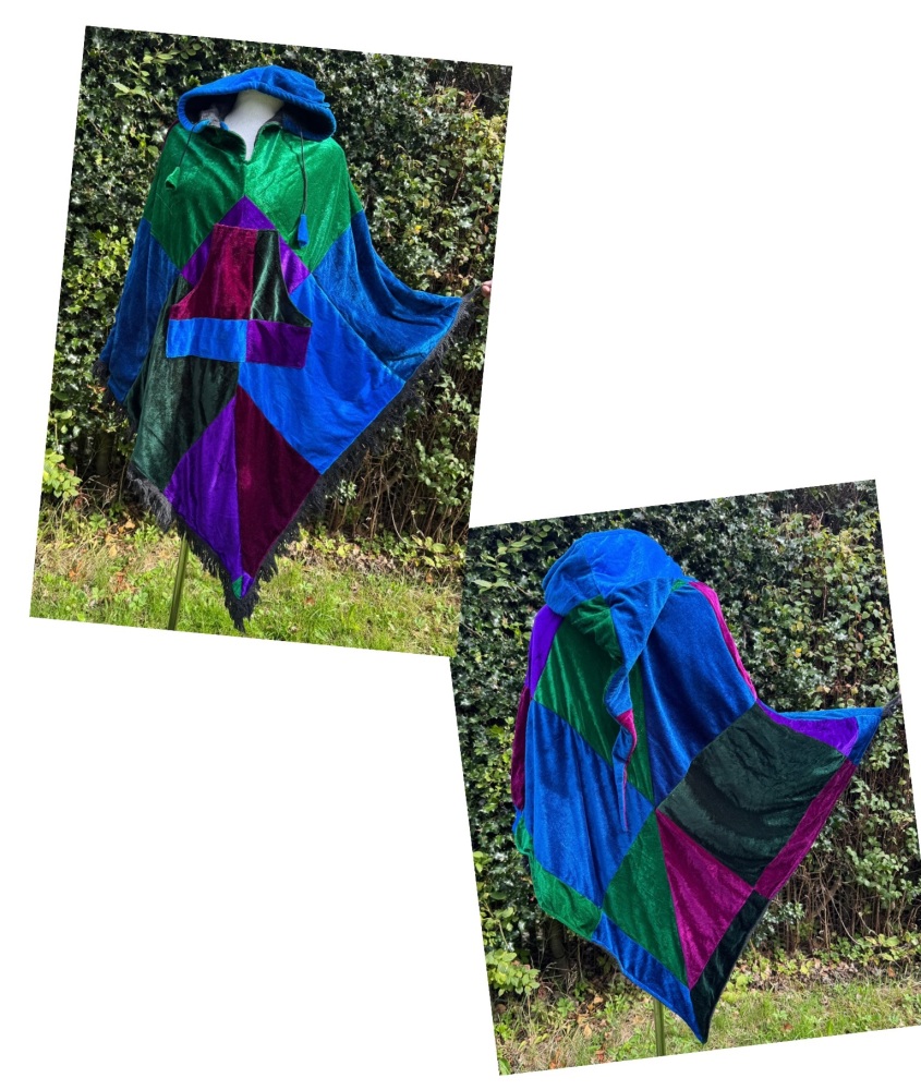Gorgeous lined patchwork velvety  pixie hood poncho