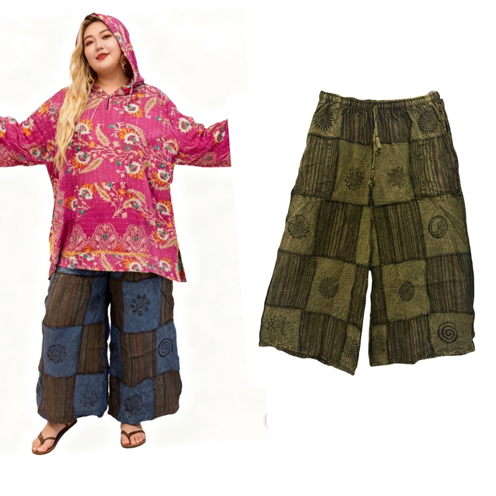 (Green)Fabulous  patchwork flare trousers