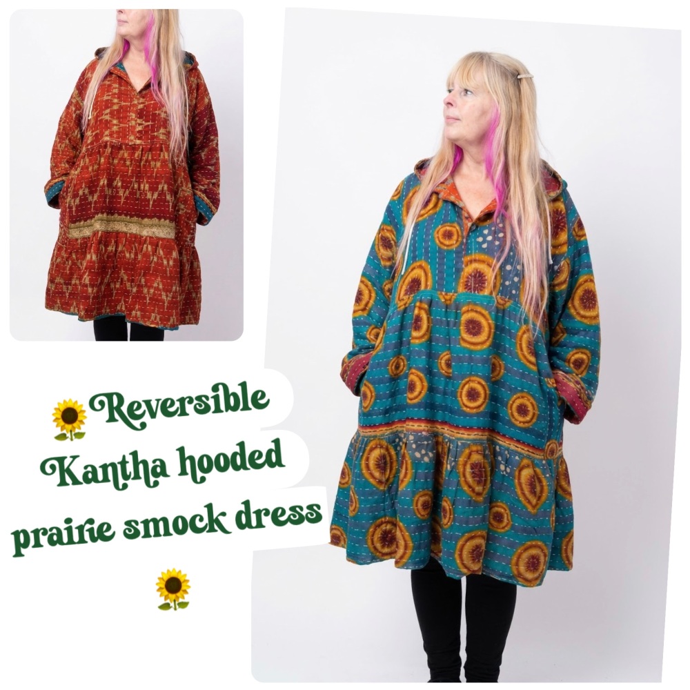 54 inch bust / Reversible Kantha Lola prairie smock dress