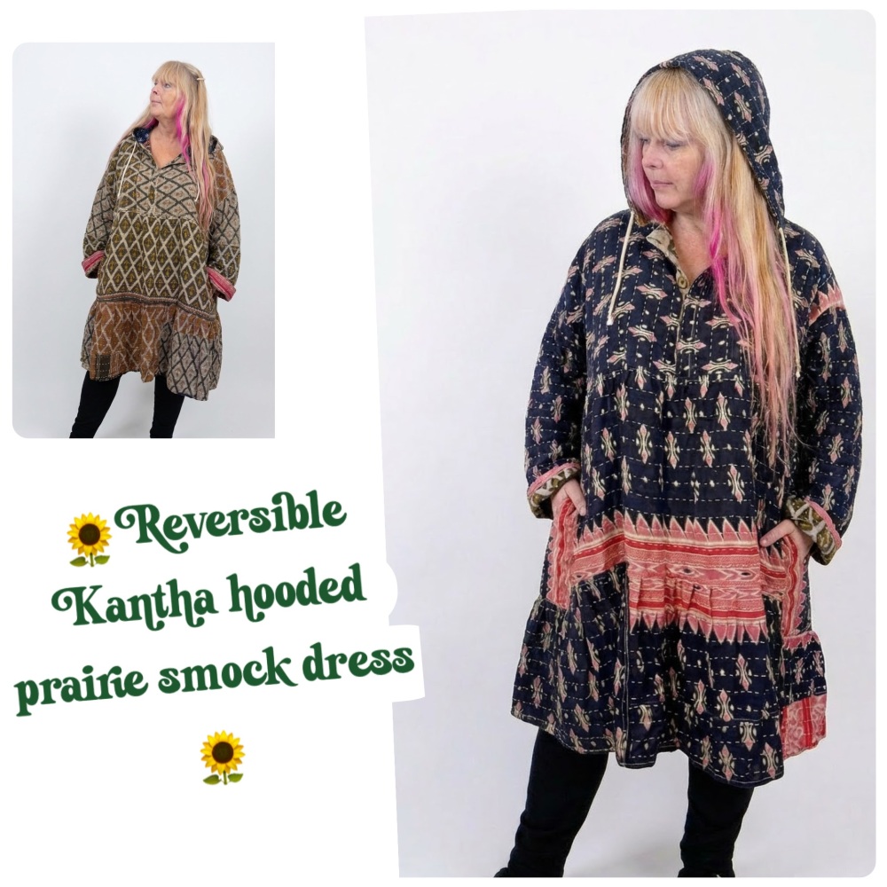 60 inch bust/ Reversible Kantha Lola prairie smock dress