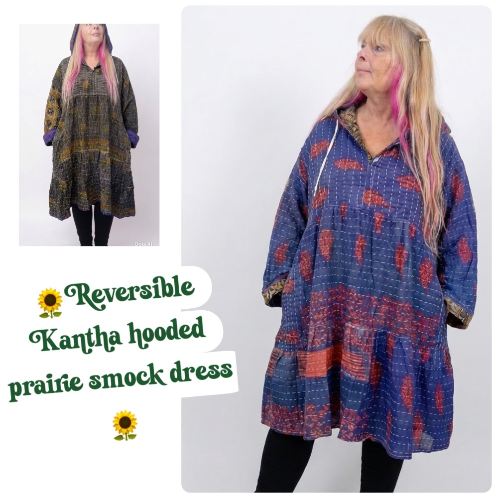 60 inch bust / Reversible Kantha Lola prairie smock dress