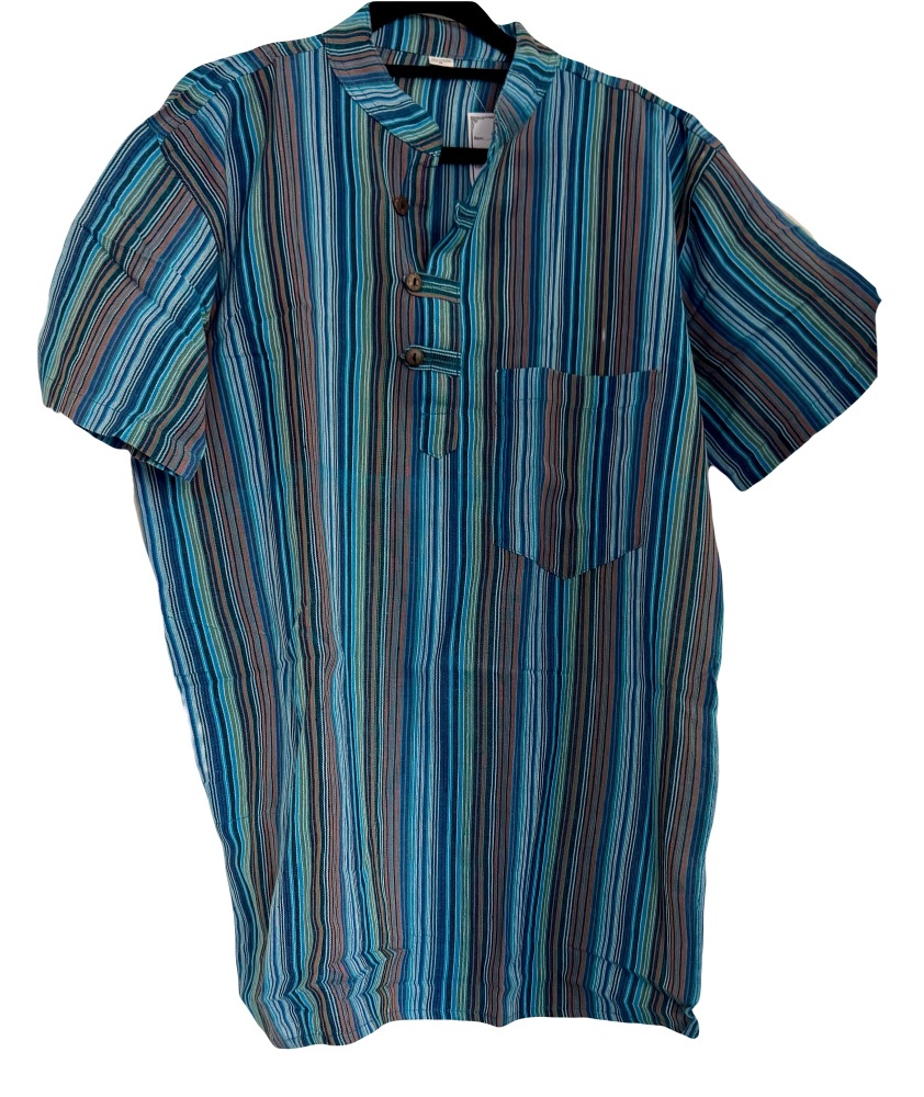 short  sleeved turquoise stripe   hippy shirt