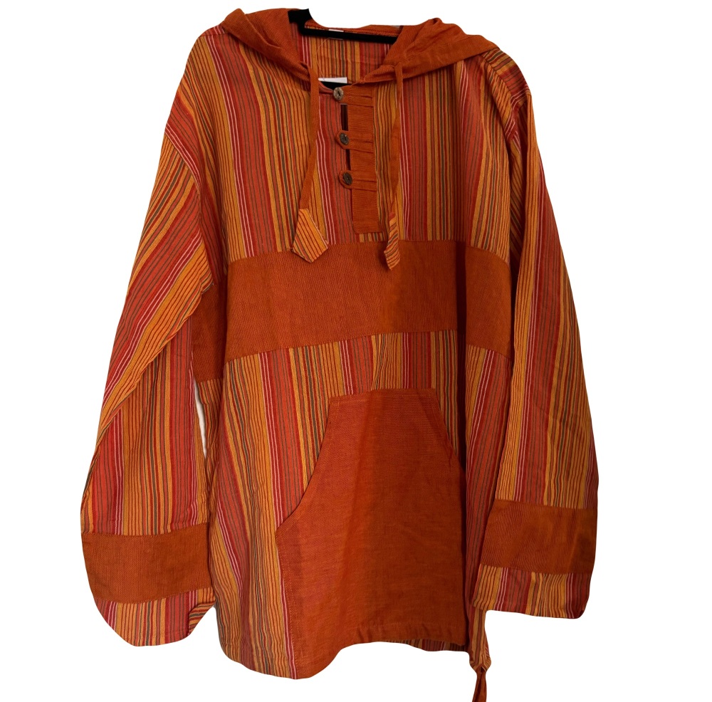 Long  sleeved orange stripe hooded hippy shirt