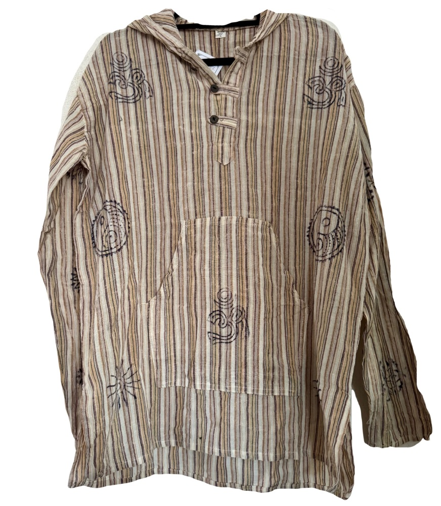 Long  sleeved cream stripe printed / hooded hippy shirt