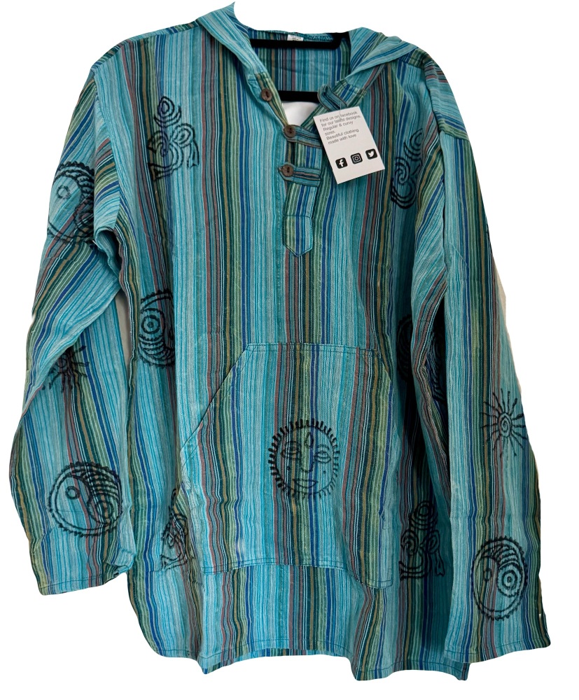Long  sleeved turquiose printed / hooded hippy shirt