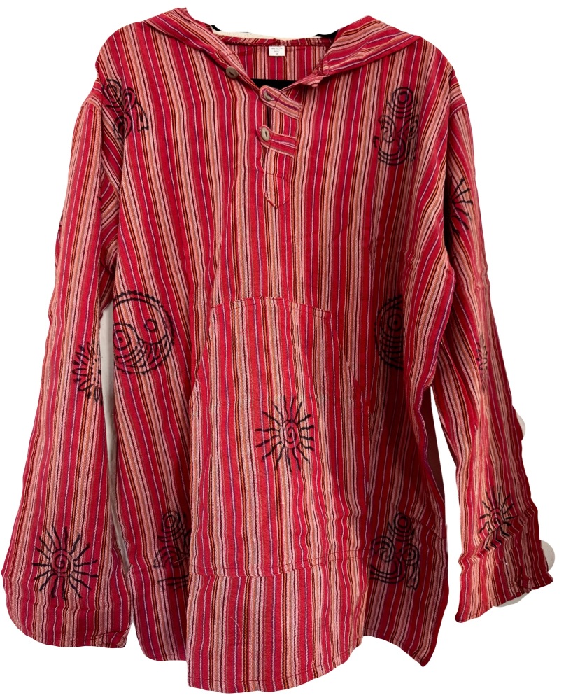 Long  sleeved red stripey printed / hooded hippy shirt