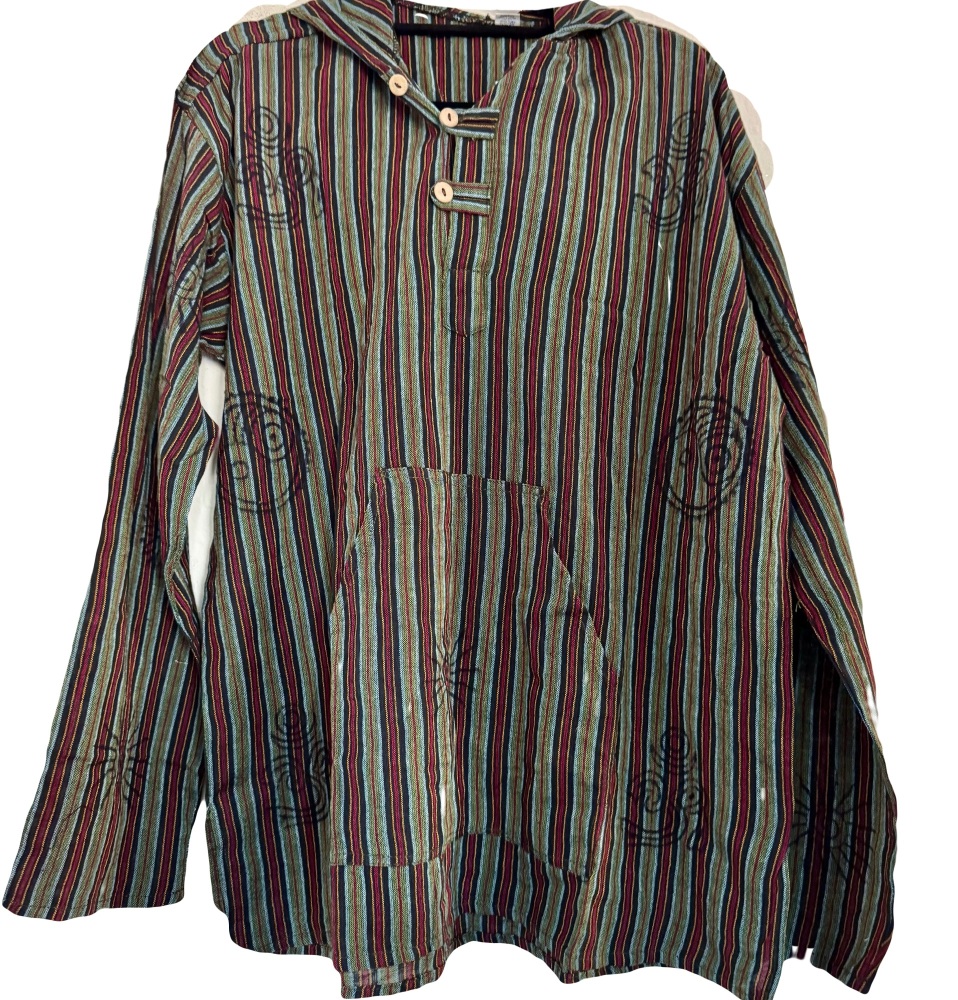 Long  sleeved dark green black stripe printed / hooded hippy shirt