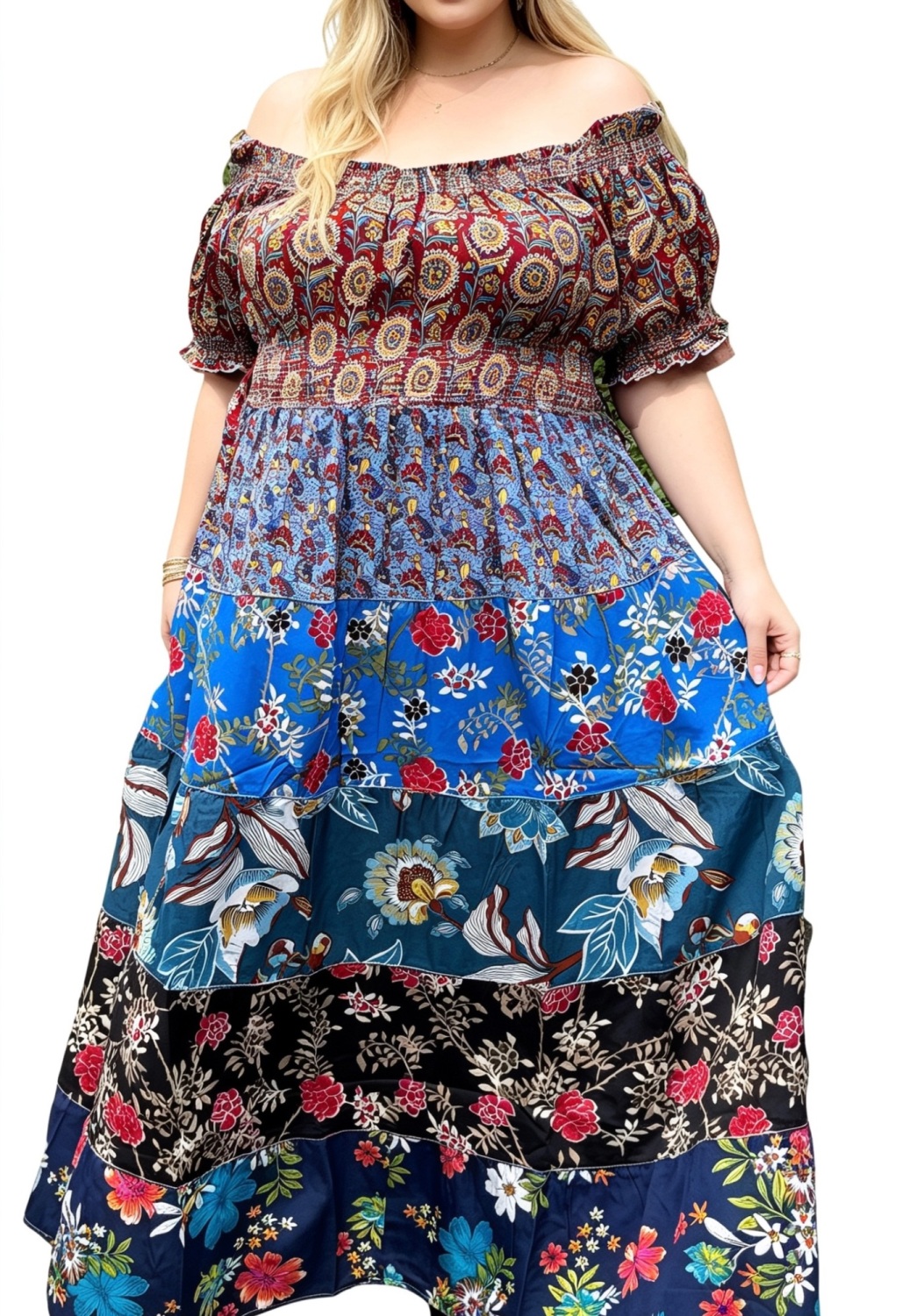 Gorgeous patchwork on/ off shoulder Willow dress