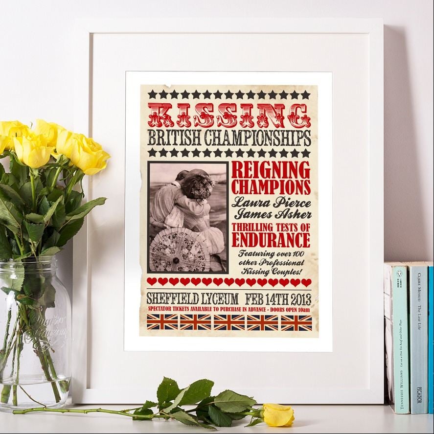 British Kissing Championships Personalised Vintage Print | romantic personalised gift for anniversary or Valentine's Day, from PhotoFairytales