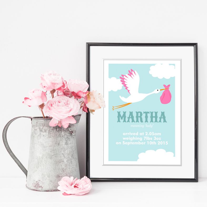 Stork personalised new baby name christening gift print