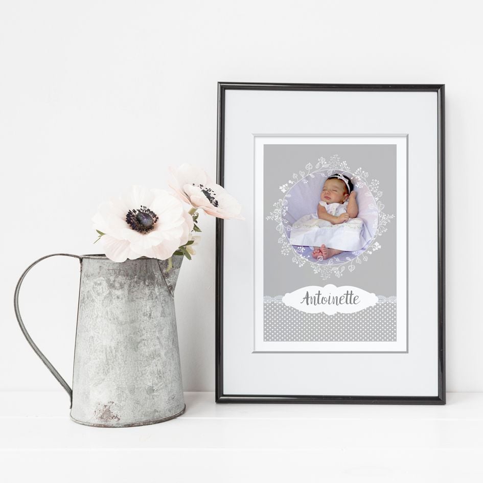 Lace neutral grey personalised poster print baby christening gift