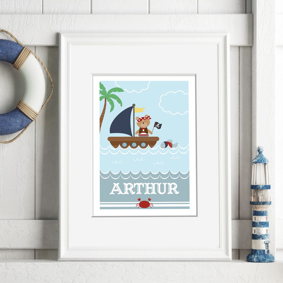 Pirate Boat nautical personalised name poster print | A delightful range of personalised name prints featuring your baby's name. Lovely #nurserydecor #babygift from PhotoFairytales