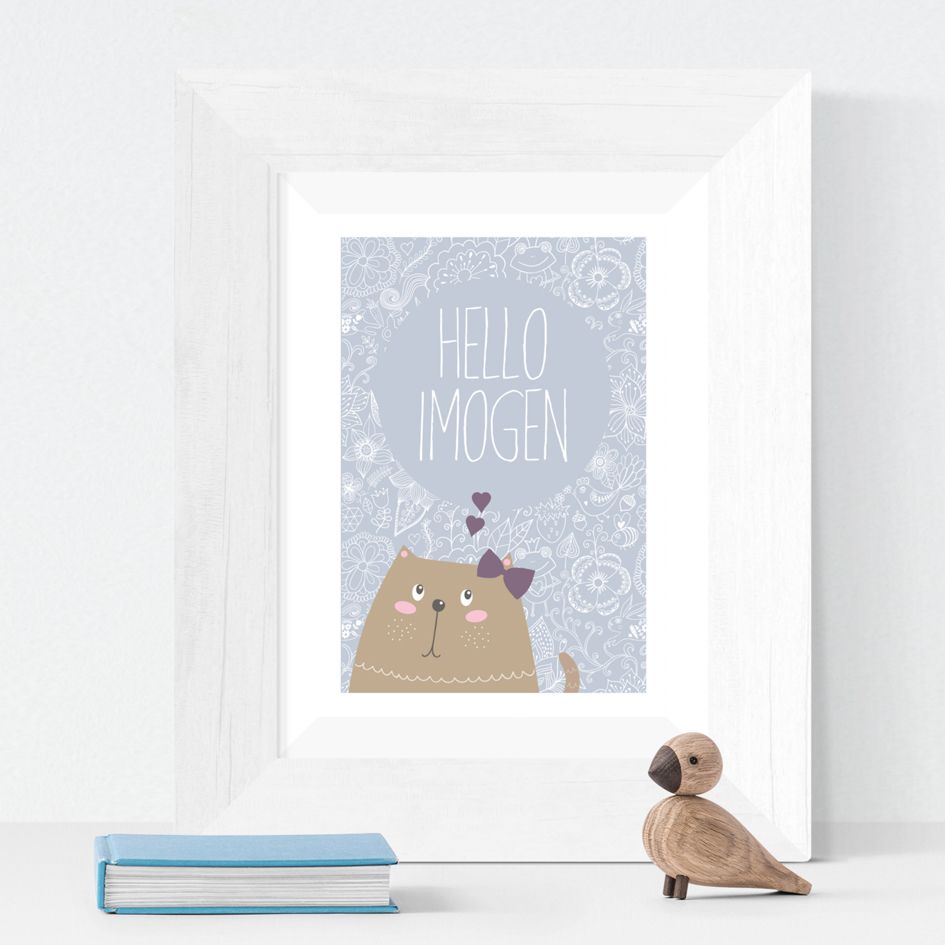 Hello Kitten personalised name poster print | A delightful range of personalised name prints featuring your baby's name. Fun gift for #catlover. Lovely #nurserydecor #babygift from PhotoFairytales