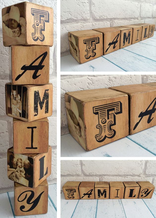 Personalised handmade wooden photo blocks family gift
