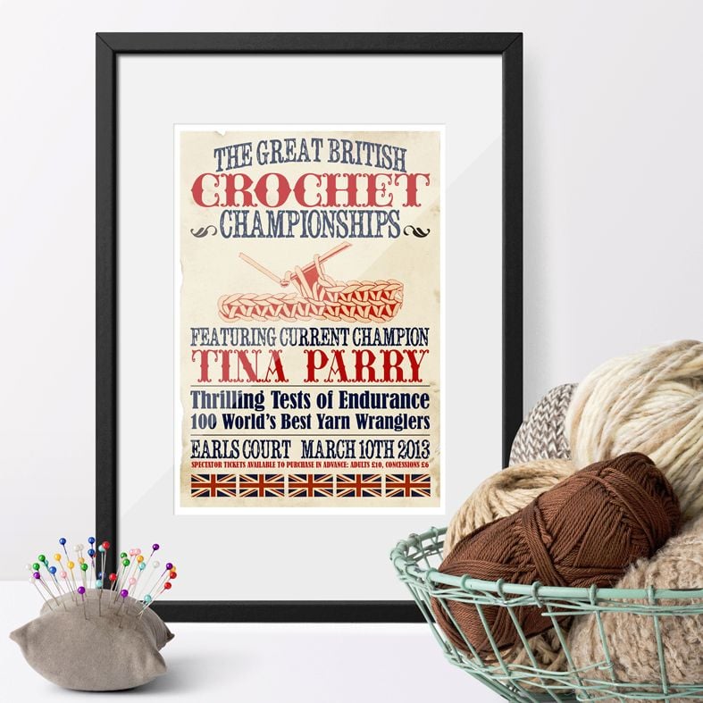 The Great British Crochet Championships Personalised Vintage Print | fun, unique vintage style personalied gift for someone who loves to crochet, from PhotoFairytales #crochet #crochetgift #craftgift