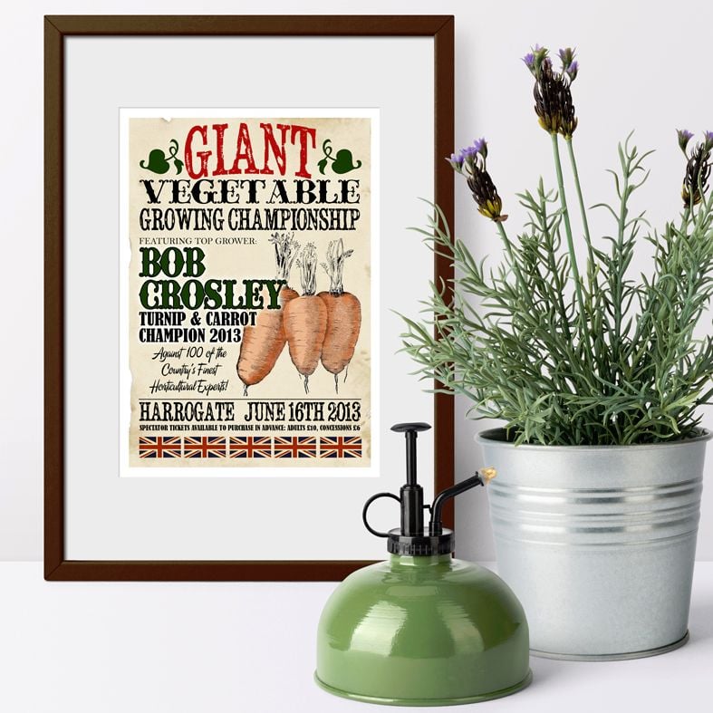 Giant Champion Vegetable Grower Personalised Vintage Print | unique vintage style personalised gift for a keen gardener, veg grower or allotment keeper, from PhotoFairytales #giftforgardener