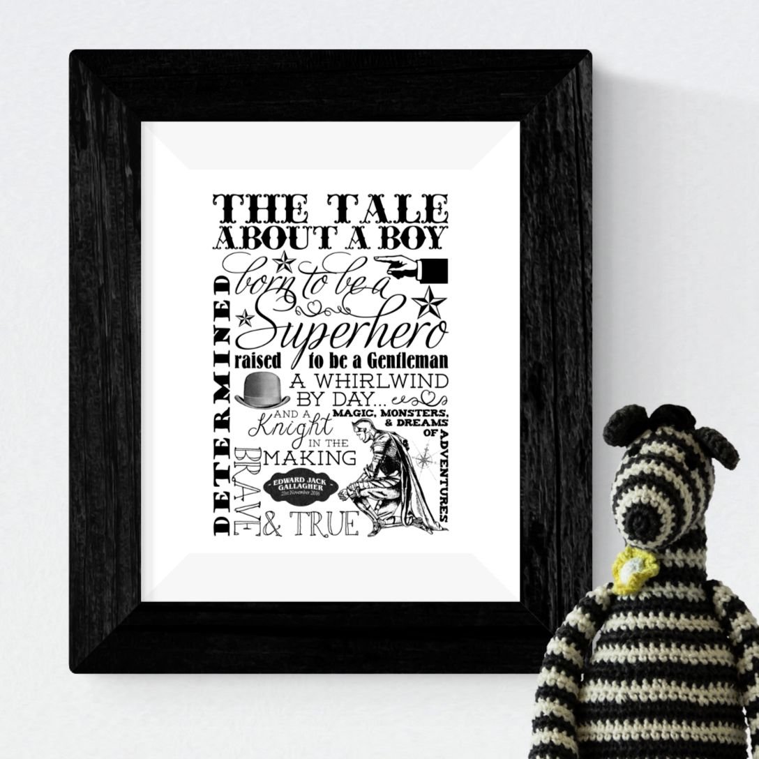 Boy personalised handmade gift typography word art black and white