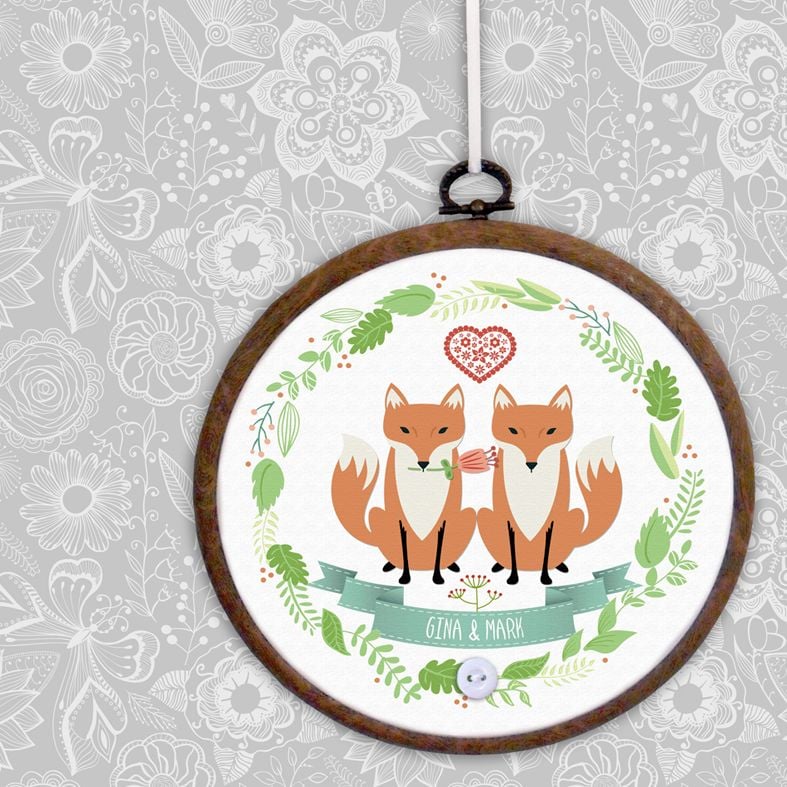 Foxes Personalised Embroidery Hoop Print | Handmade Anniversary Gift, PhotoFairytales