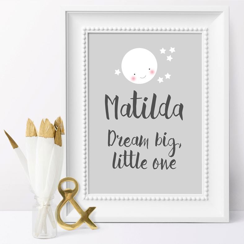 Dream Big, Little One Personalised Print | this charming celestial art print from PhotoFairytales is a lovely finishing touch for a stargazing themed nursery or bedroom, and a delightful gift for your baby.