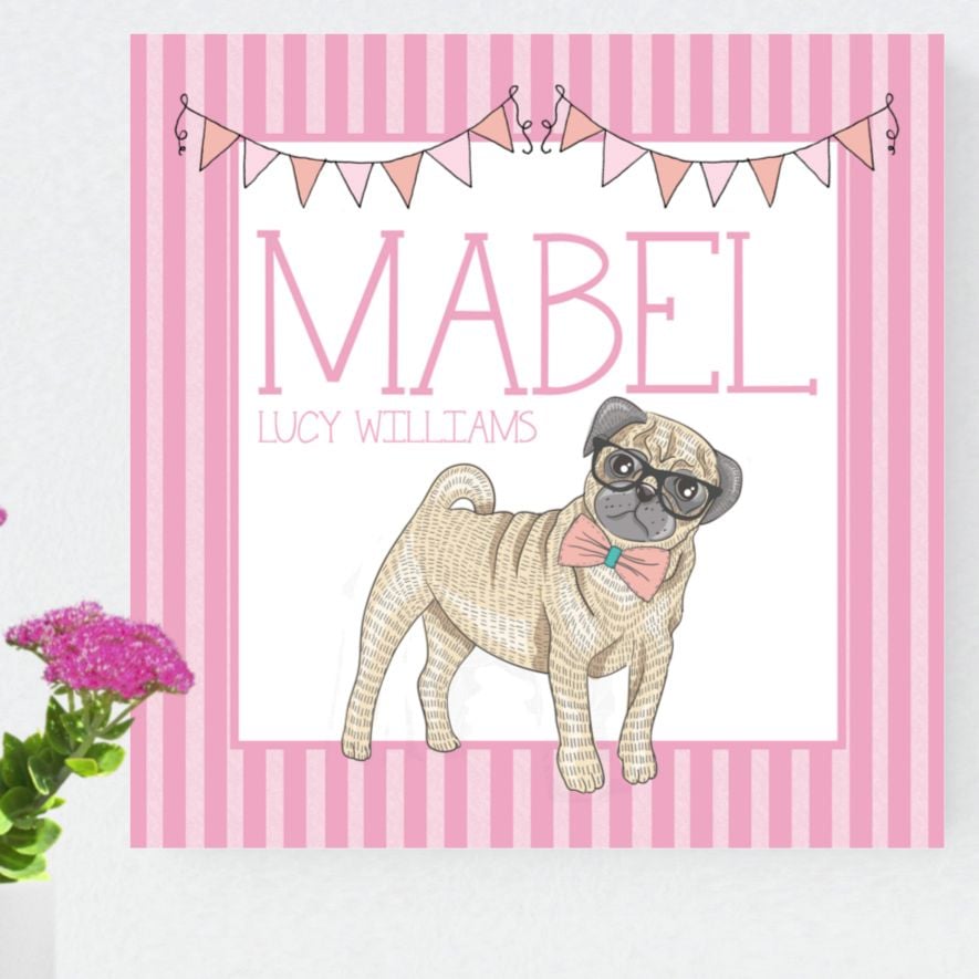 Candy Stripe pug bulldog personalised canvas print gift