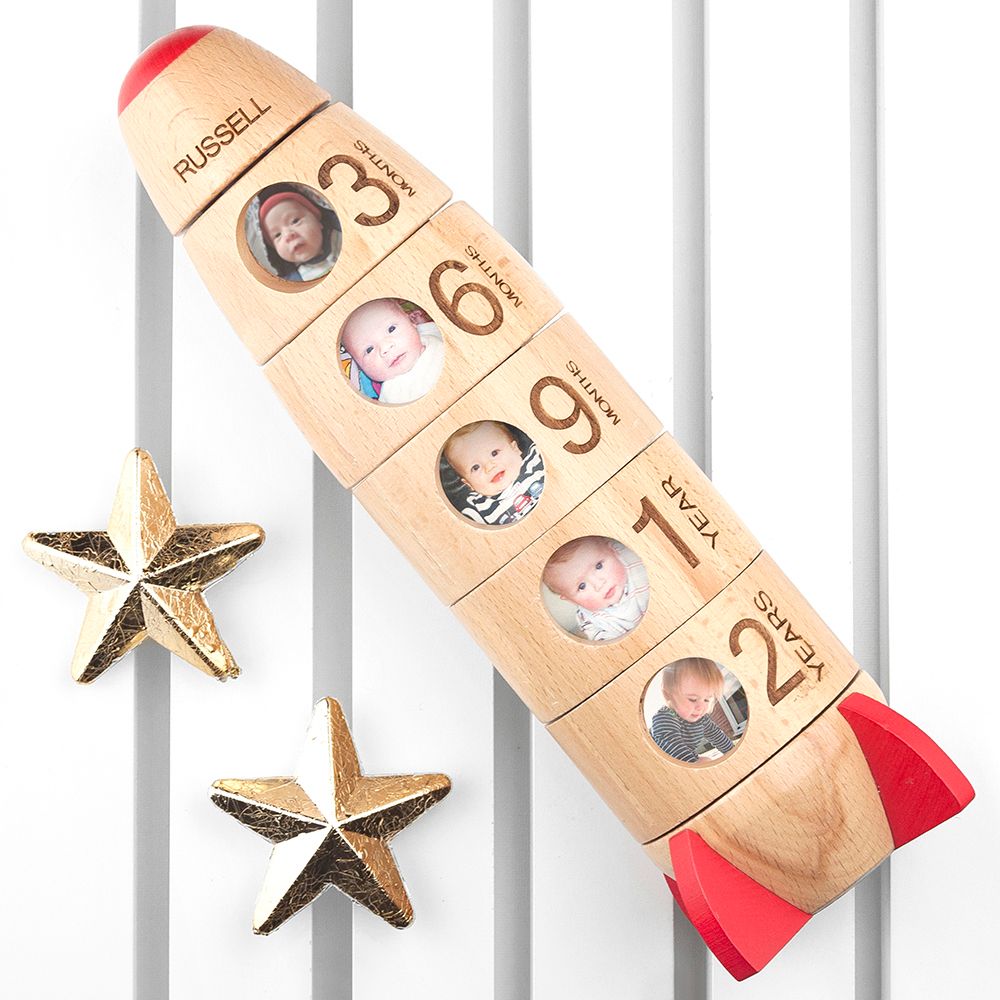 Personalised wooden rocket photo holder | personalised 1st years gift from PhotoFairytales