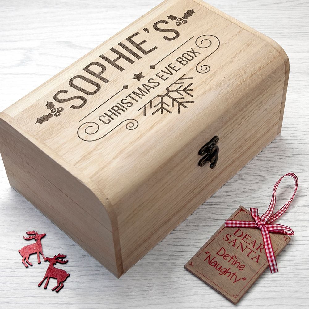 Personalised wooden Christmas Eve box | Holly Chest Box design | choice of designs available at PhotoFairytales