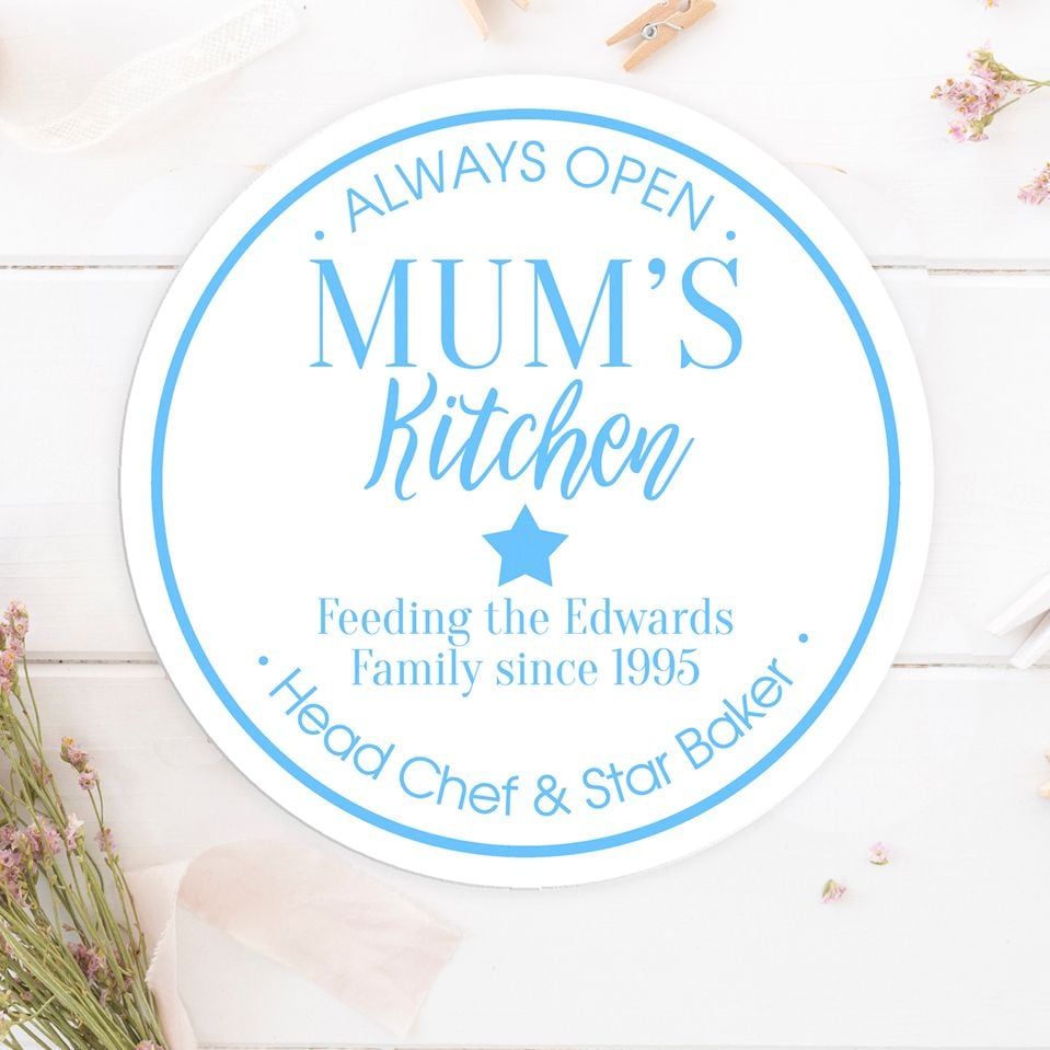 Personalised Kitchen Wall Sign | Fun bespoke gift for cook, baker or food lover. Custom made round kitchen plaques and signs. Range of colours and designs. From PhotoFairytales.