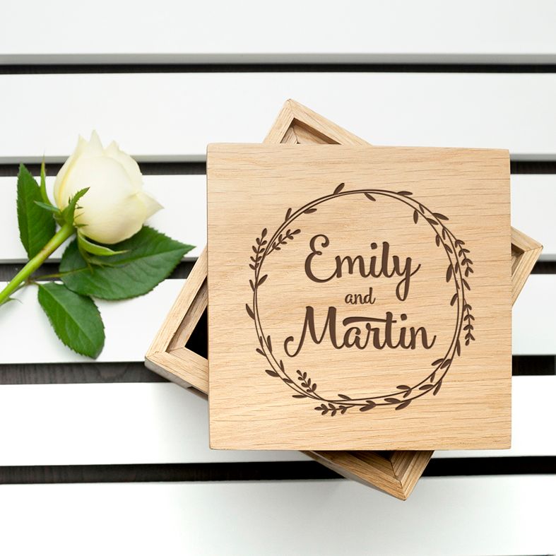 Personalised Real Oak Photo Cubes, Wreath Design | romantic gift for Valentine, anniversary or wedding. Handcrafted, engraved to order, also available filled with chocolates!