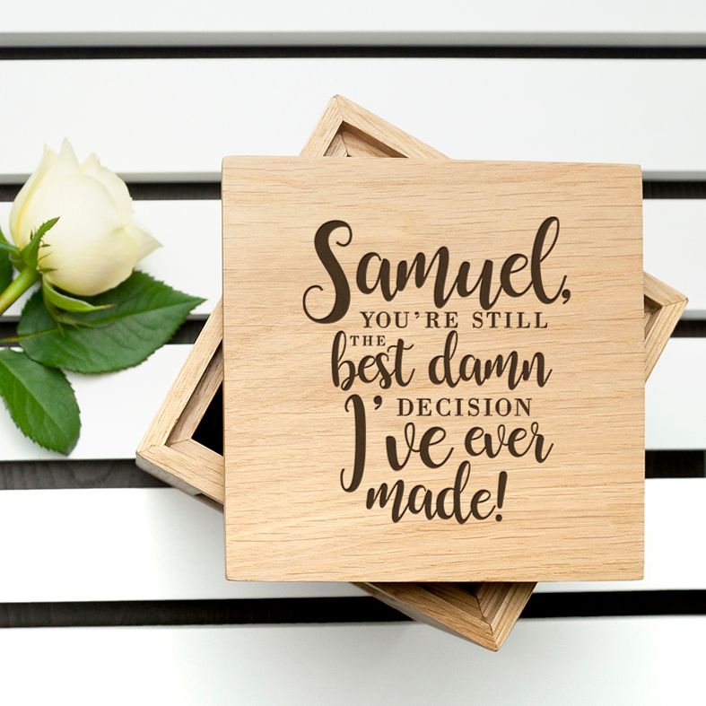 Personalised Real Oak Photo Cubes, Best Damn Decision Design | romantic gift for Valentine, anniversary or wedding. Handcrafted, engraved to order, available filled with chocolates!