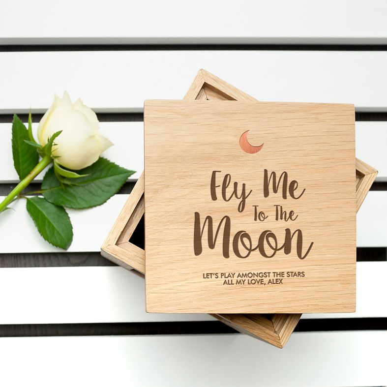 Personalised Real Oak Photo Cubes, Fly Me To The Moon | romantic gift for Valentine, anniversary or wedding. Handcrafted, engraved to order, available with chocolates!