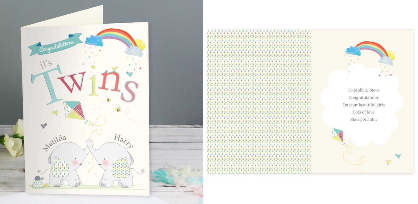 Twins New Baby elephant personalised gift card | from PhotoFairytales