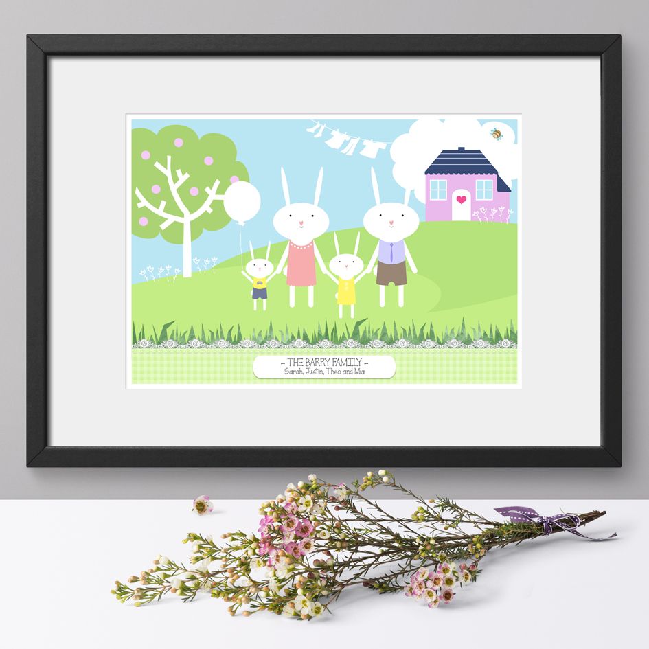 Personalised Bunny Rabbit Family Print | Bespoke wall art to celebrate your family - custom designed and featuring all your names. Delightful personalised family gift from PhotoFairytales #familygift #rabbit #bunny #familyprint #personalisedfamilygift