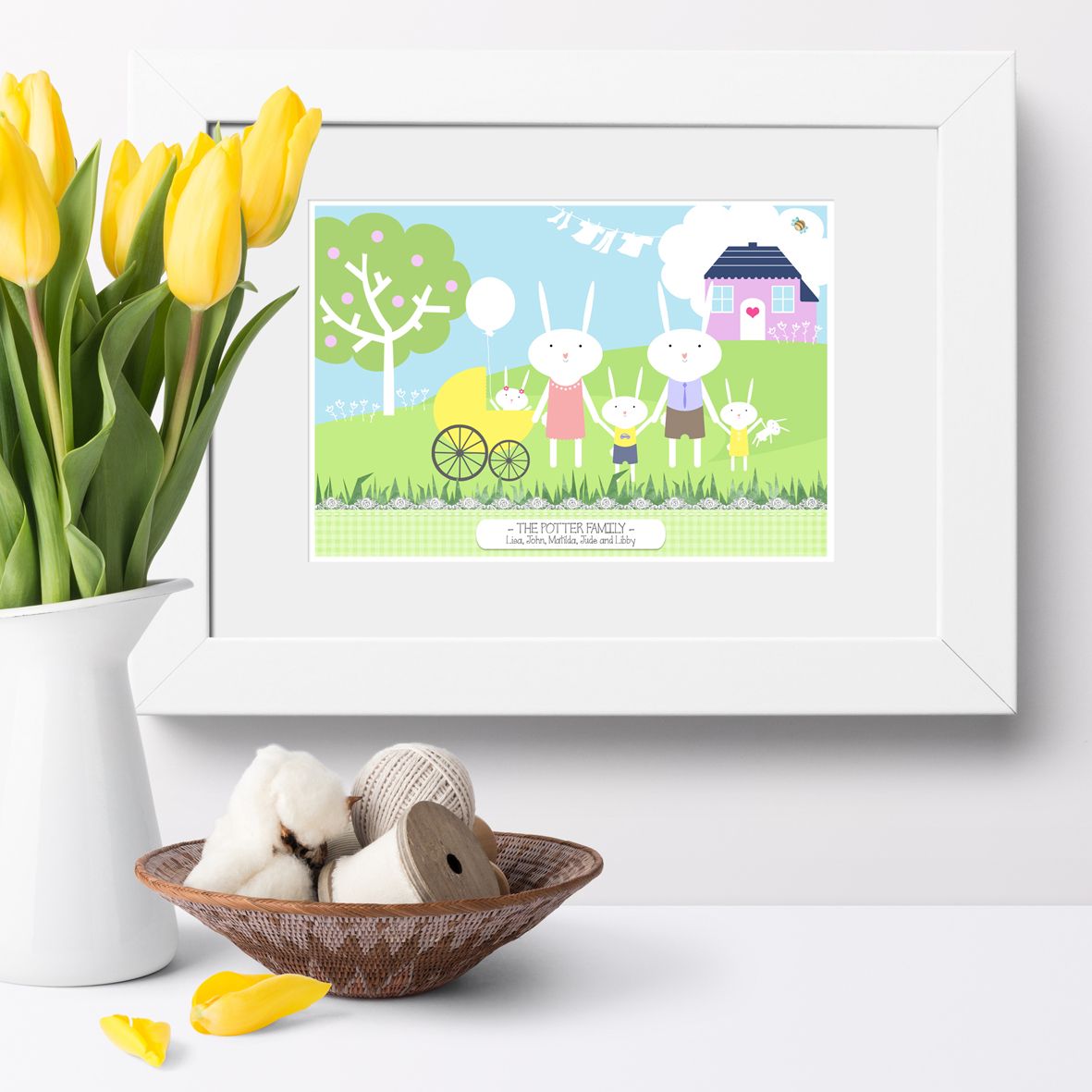 Personalised Bunny Rabbit Family Print | Bespoke wall art to celebrate your family - custom designed and featuring all your names. Delightful personalised family gift from PhotoFairytales #familygift #rabbit #bunny #familyprint #personalisedfamilygift