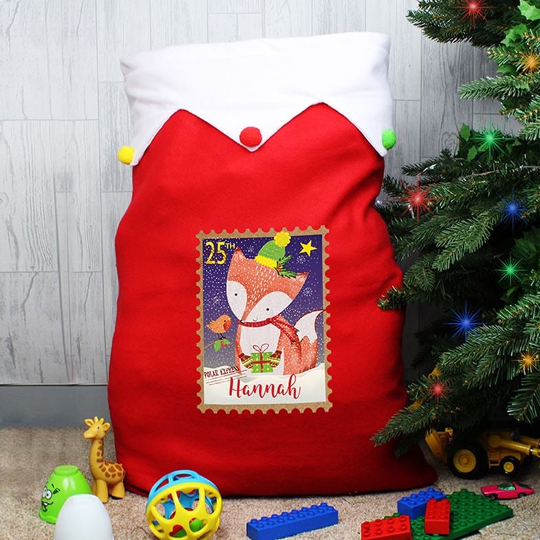 Personalised Christmas Parcel Sack Festive Fox Pom Poms