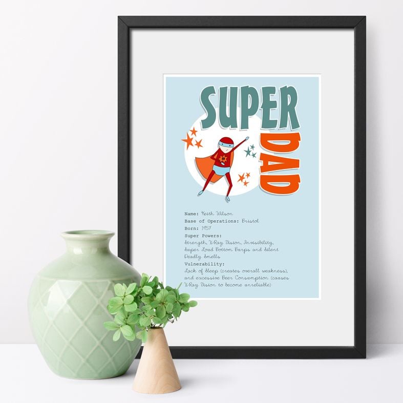 Personalised Superhero portrait prints | Fun, bespoke wall art featuring your loved one's super powers! Perfect gift for Father's Day or Mother's Day, from PhotoFairytales.