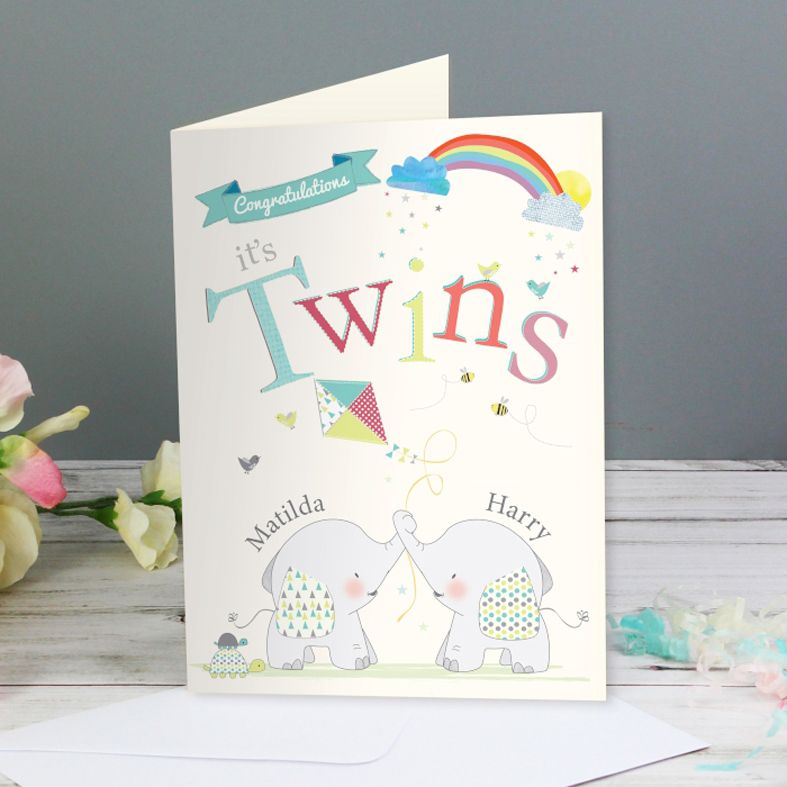 Baby Elephant Twins personalised greeting card