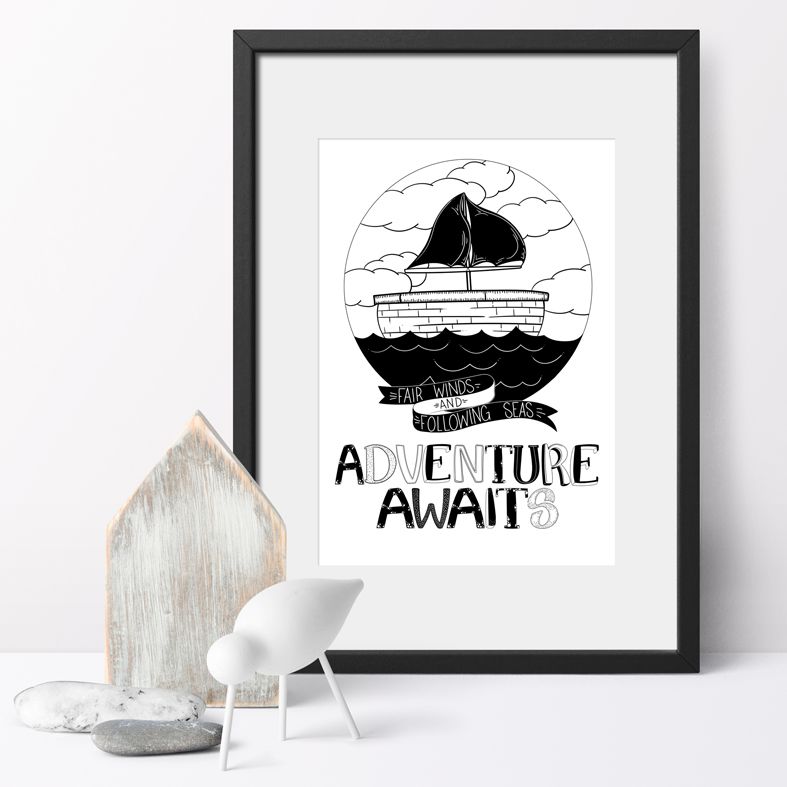Adventure Awaits Art Print | monochrome nautical wall art for children made to order from PhotoFairytales