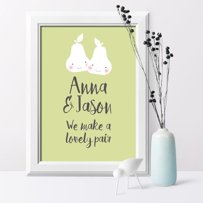 We Make a Lovely Pair Personalised Print | romantic personalised print, featuring a loving pair of pears - perfect gift for an anniversary or Valentine from PhotoFairytales
