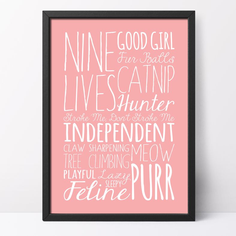 Bespoke Word Theme Cat Print | made to order word art prints created in any colour, typographic cat art for your home, PhotoFairytales