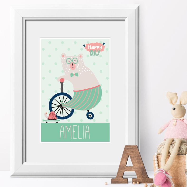 Happy Day bear personalised name poster print | A delightful range of personalised name prints featuring your baby's name. Lovely #nurserydecor #babygift from PhotoFairytales