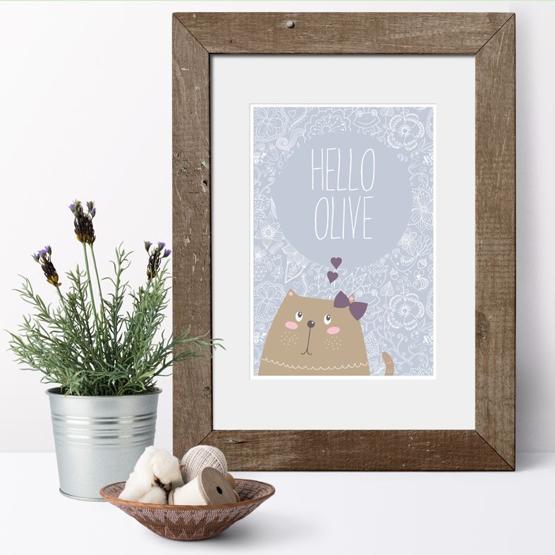 Hello Kitten personalised name poster print | A delightful range of personalised name prints featuring your baby's name. Fun gift for #catlover. Lovely #nurserydecor #babygift from PhotoFairytales