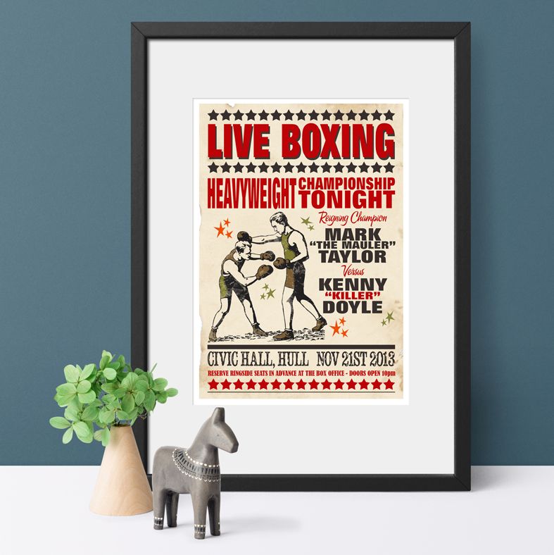 Live Boxing Championship Personalised Vintage Print | fun personalised sport gift for boxing fans, from PhotoFairytales