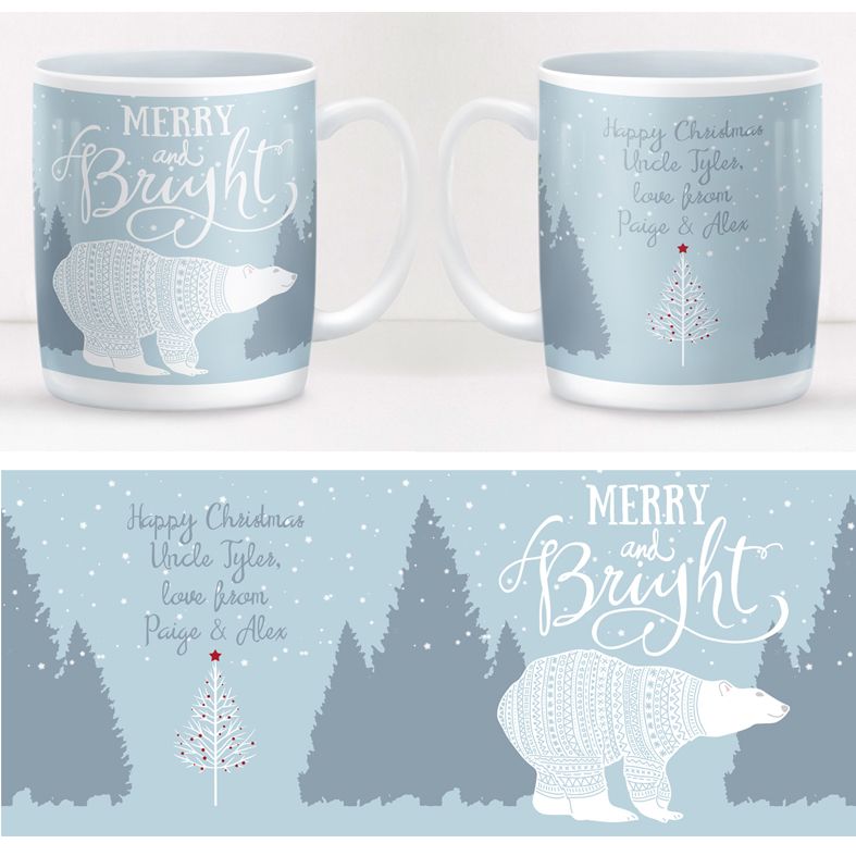 Merry and Bright personalised mug gift | beautifully illustrated and customised Scandi style mug, created to order, from PhotoFairytales #personalisedmug #personalisedChristmas