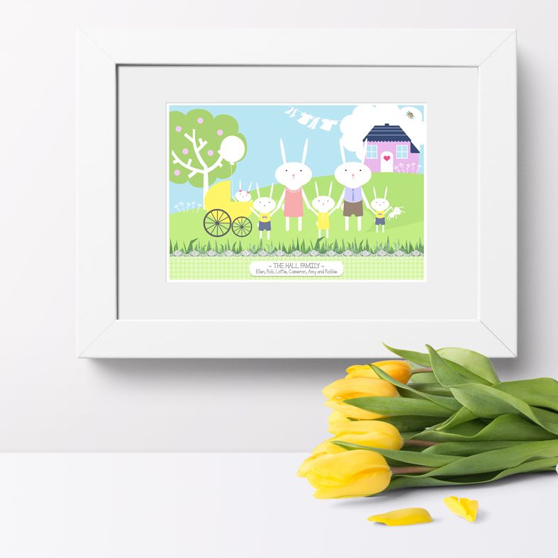 Personalised Bunny Rabbit Family Print | Bespoke wall art to celebrate your family - custom designed and featuring all your names. Delightful personalised family gift from PhotoFairytales #familygift #rabbit #bunny #familyprint #personalisedfamilygift