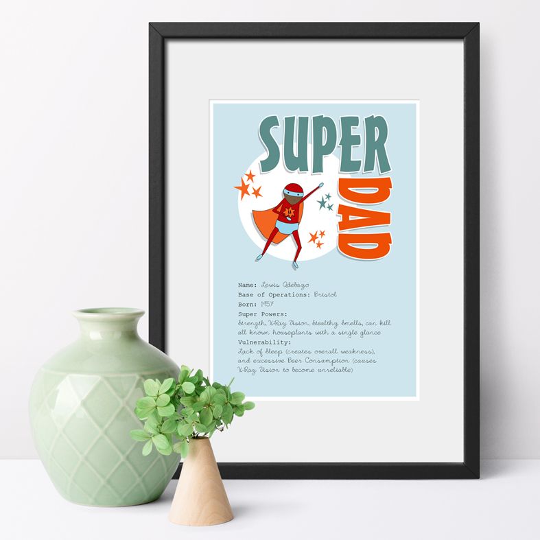 Personalised Superhero portrait prints | Fun, bespoke wall art featuring your loved one's super powers! Perfect gift for Father's Day or Mother's Day, from PhotoFairytales.