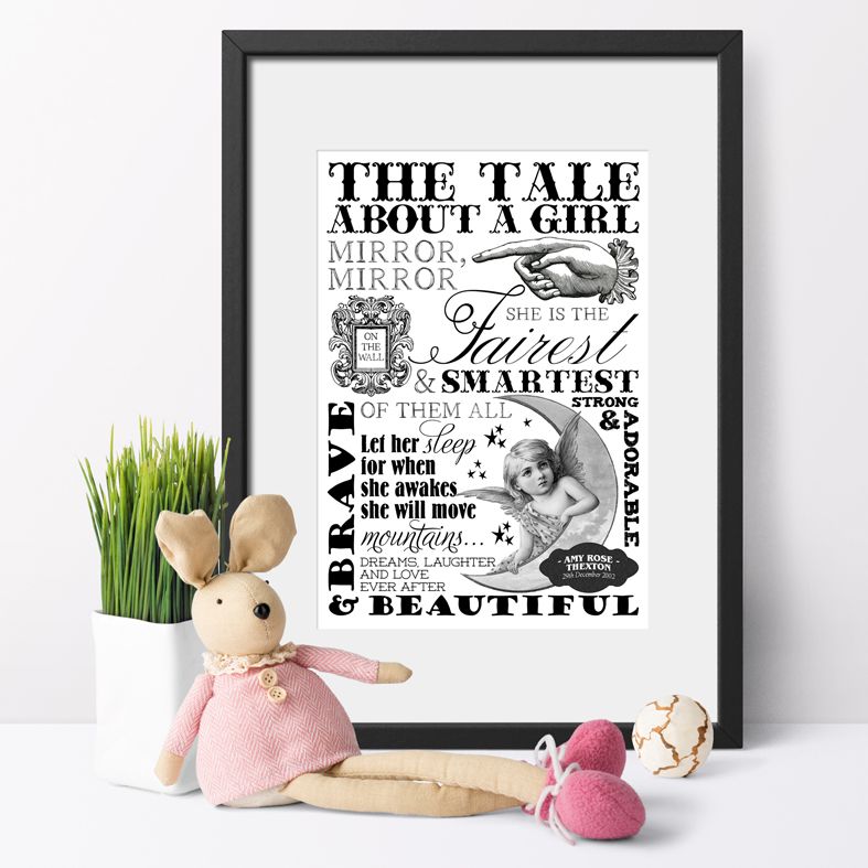 Black and White Nursery Art | Stylish personalised word art typography prints for a child's bedroom or nursery with a timeless vintage feel. Delightful customised monochrome nursery decor from PhotoFairytales.