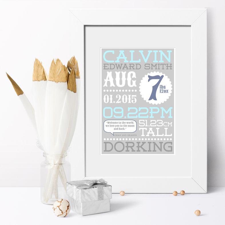 Personalised Baby Birth Stats Prints | Beautiful personalised birth statistics prints, custom made to order to celebrate the arrival of your baby! Delightful personalised nursery wall art, lovely christening gift idea. From PhotoFairytales.