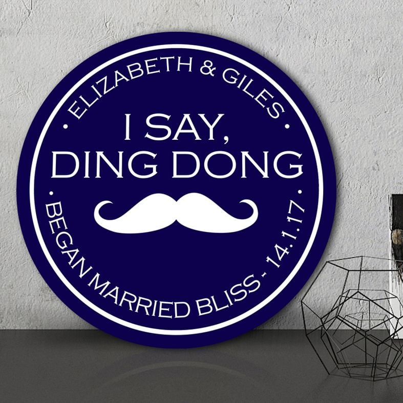 Personalised Ding Dong Wedding Sign | Fun bespoke wedding or anniversary gift. Custom made round signs and plaques for home or garden. Interior or exterior use, range of colours and designs. From PhotoFairytales.
