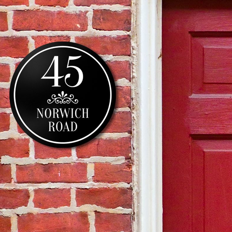 Personalised House Address Sign | Bespoke house name and number signs.  Custom made round signs and plaques for your home. Range of colours and designs. From PhotoFairytales.