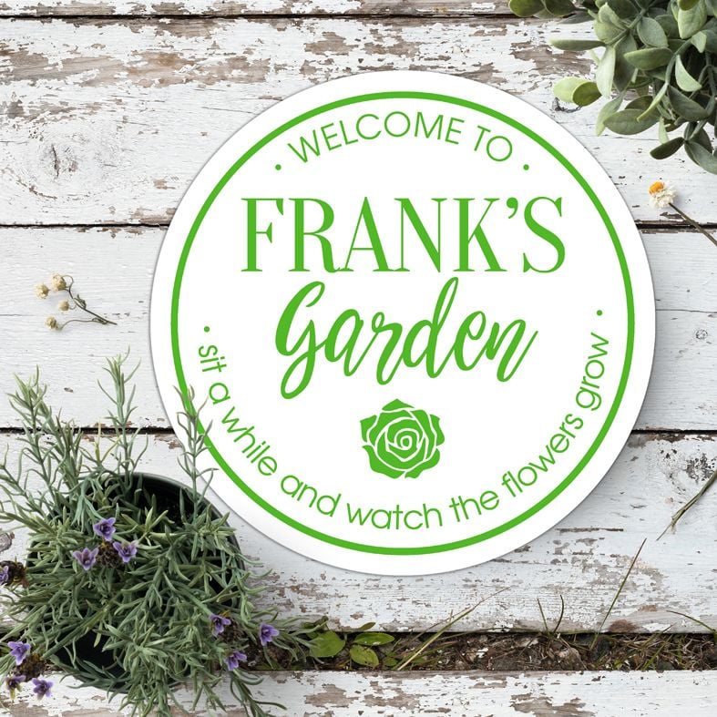 Personalised KitPersonalised Garden Sign Plaque | Delightful gift for a gardener, robust exterior sign. Made to order in a range of colours. Custom made round signs and plaques for home or garden. From PhotoFairytales.chen Wall Sign | Fun bespoke gift for cook, baker or food lover. Custom made round kitchen plaques and signs. Range of colours and designs. From PhotoFairytales.